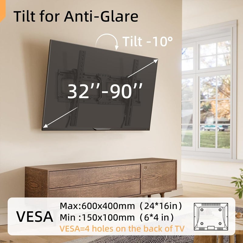 IWORKBOARD 55 65 75 85 inch Tilting TV Wall Mount for 32-90 '' TVs, Low Profile TV Mount Bracket, Safe Lock & Quick Release, Max VESA 600x400mm, 24 inch Studs,132 lbs, Fit Most 55+ 75+ 85+ 86 TVs - Image 4